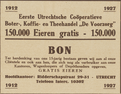 717047 Advertentie van de Eerste Utrechtsche Coöperatieve Boter-, Koffie- en Theehandel 'De Voorzorg', ...